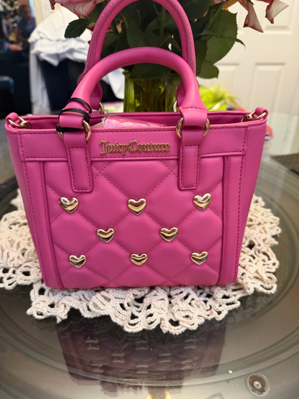 Juicy Couture Hot Pink Quilted Mini Tote with Gold Heart Studs small purse